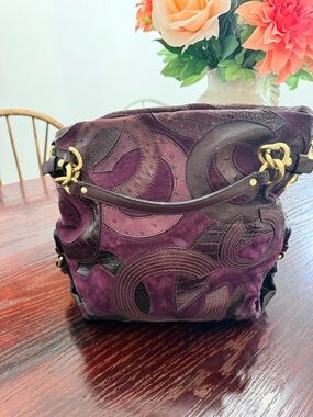 Coach Purple Patchwork Suede & Leather Shoulder Bag with Gold Hardware
